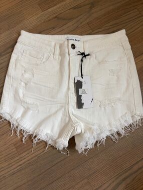 Studio Blue White Distressed Frayed Hem Denim Shorts - Women